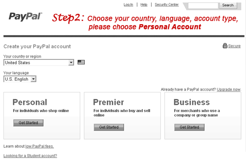 Choose your country, language, account type, please choose Personal Account