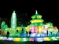 Colorful sculptures at Harbin Ice and Snow Festival