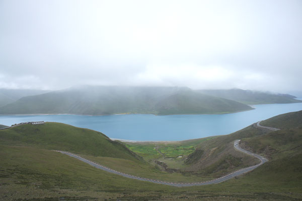 Yamdrok Lake in rain