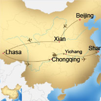 Map of Beijing, Xian, Lhasa, Chongqing, Yangtze, Yichang and Shanghai Tour