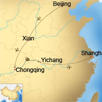 Map of Beijing, Xian, Chongqing, Yangtze, Yichang and Shanghai Tour