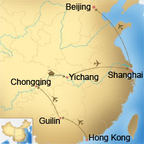 Map of Hong Kong, Guilin, Chongqing, Yangtze, Yichang, Shanghai and Beijing Tour