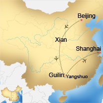 Map of Beijing, Xian, Guilin, Yangshuo and Shanghai Tour