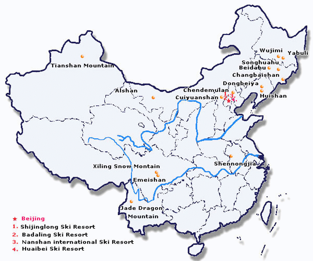 China Ski Resorts, Map of China Ski Resorts