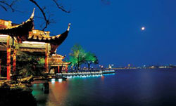 Autumn Moon on Calm lake in West Lake