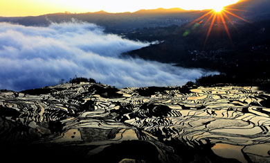 the sunrise at Yuanyang Terraced Fields